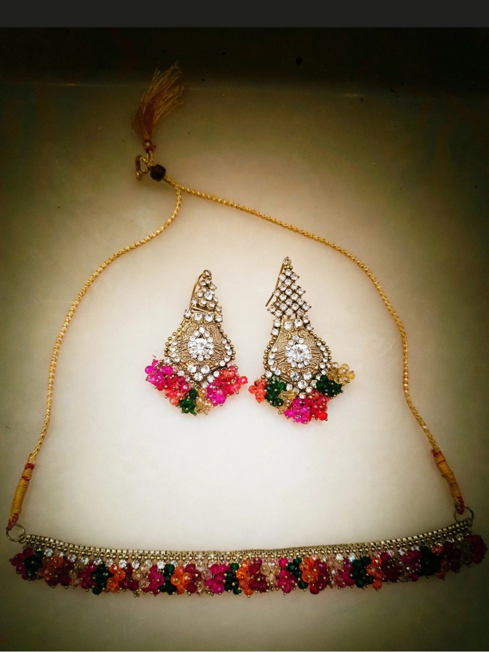 Traditional Pakistani Multicolored Bead & Stone Choker Necklace with earrings